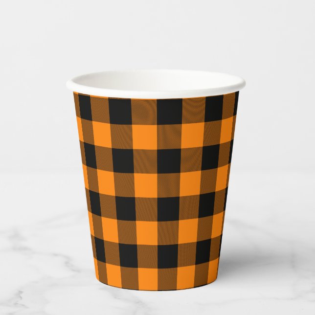Black and Orange Buffalo Check Paper Cups (Front)