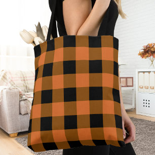 Black and Orange Buffalo Plaid Autumn Fall Tote Bag