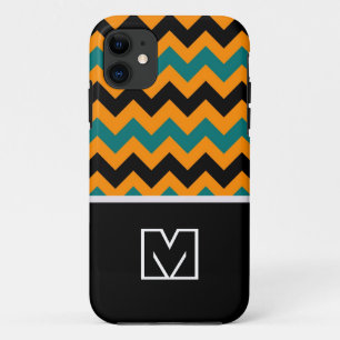 Black and Orange Chevron Zigzag. Custom Monogram iPhone 11 Case