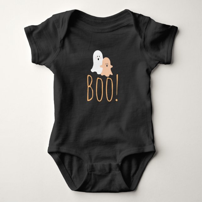 Black and Orange Cute Boo! Ghosts Halloween Baby Bodysuit (Front)