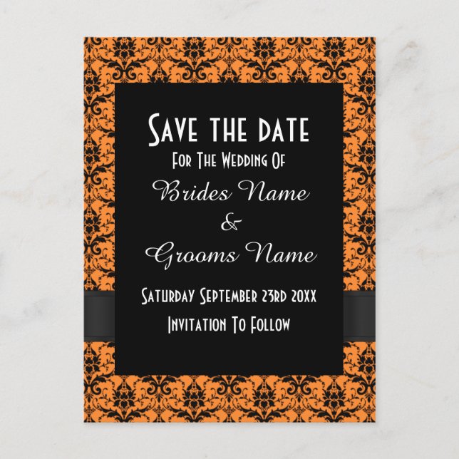 Black and orange damask save the date announcement postcard (Front)