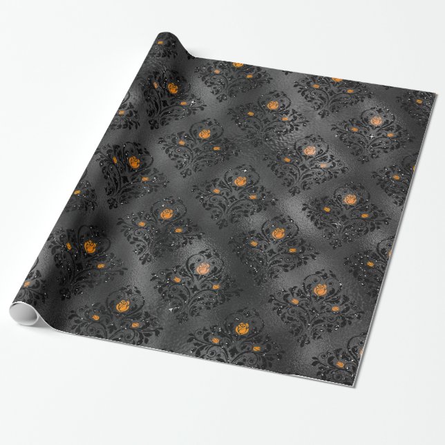 Black and Orange Floral Damask Pattern Wrapping Paper (Unrolled)