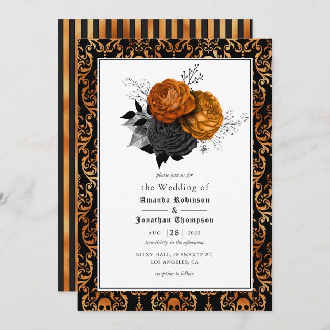 Black and Orange Floral Gothic Wedding Photo Invit Invitation (Front/Back)