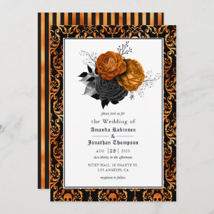 Black and Orange Floral Gothic Wedding Photo Invit Invitation
