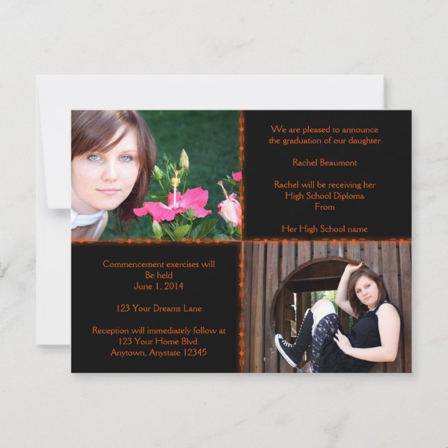 Black and Orange Four Square Star Graduation Invitation (Front)