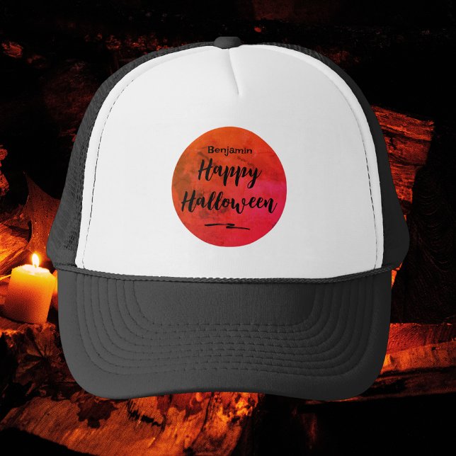 Black and Orange Full Moon Happy Halloween Trucker Hat (Creator Uploaded)