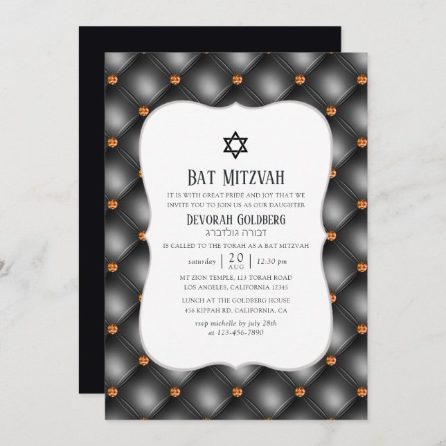 Black and Orange Gem Faux Leather Bat Mitzvah Invitation (Front/Back)