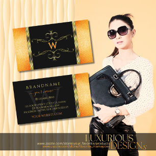 Black and Orange Glitter Golden Ornaments Monogram Business Card