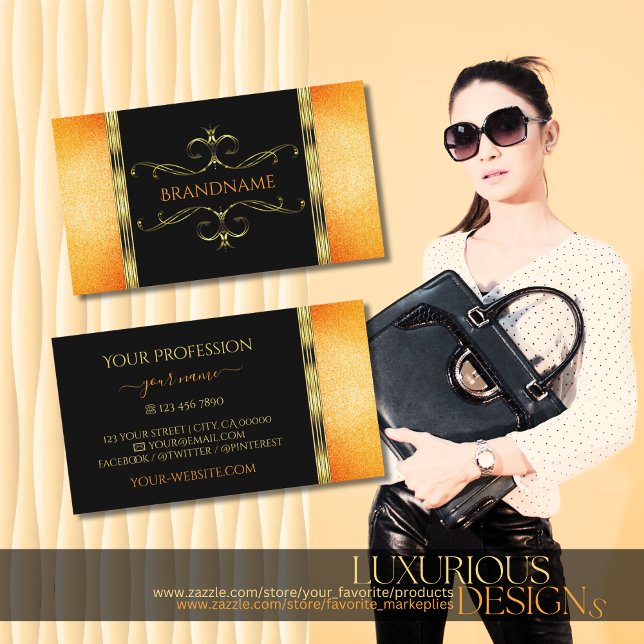 Black and Orange Glitter Golden Ornate Ornaments Business Card (Creator Uploaded)
