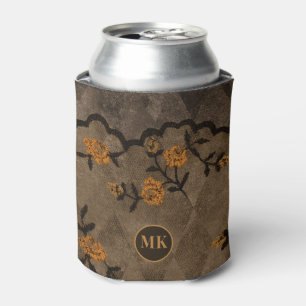 Black and Orange Gothic Floral Monogram Can Cooler