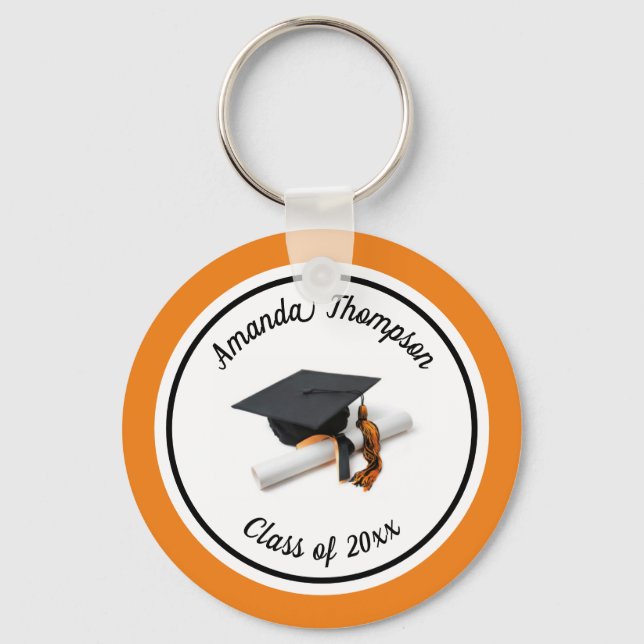 Black and Orange Graduation Cap and Tassel Key Ring (Front)