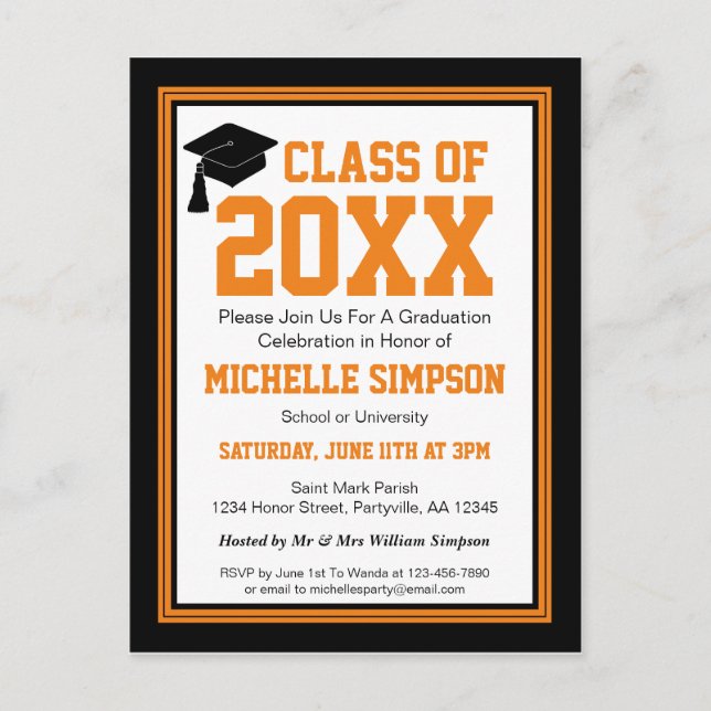 Black and Orange Graduation Party Invitation Postcard (Front)