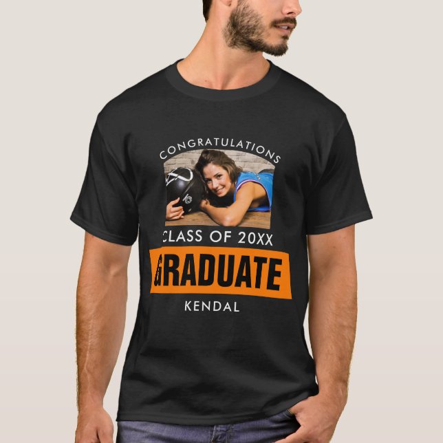 Black and Orange Graduation Photo Custom T-Shirt (Front)