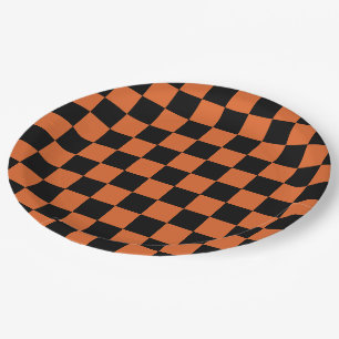 Black and Orange Halloween Chequerboard Paper Plate