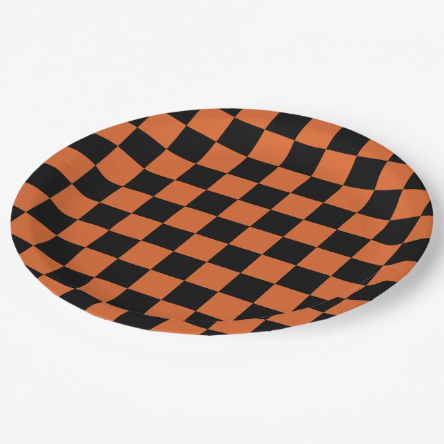 Black and Orange Halloween Chequerboard  Paper Plate (Angled)