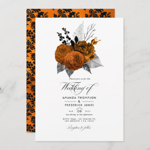 Black and Orange Halloween Floral Wedding Photo Invitation