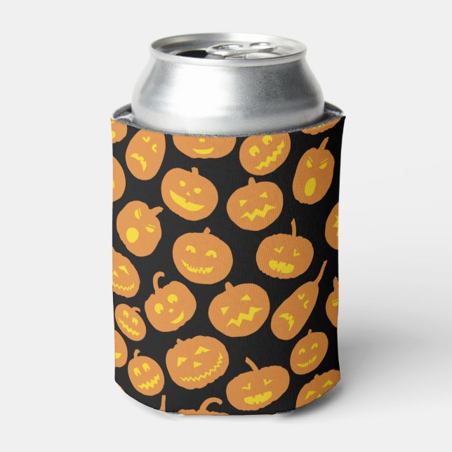 Black and Orange Halloween Pumpkin Pattern Can Cooler (Can Front)