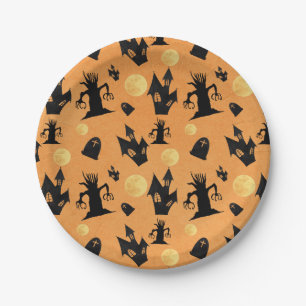 Black and Orange Haunted House Halloween Paper Plate