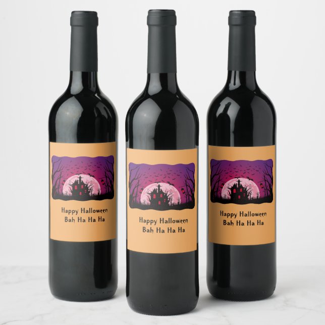 Black and Orange Haunted House Halloween Wine Label (Bottles)