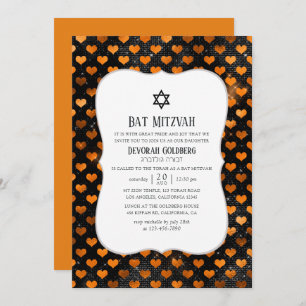 Black and Orange Heart Pattern Bat Mitzvah Invitation