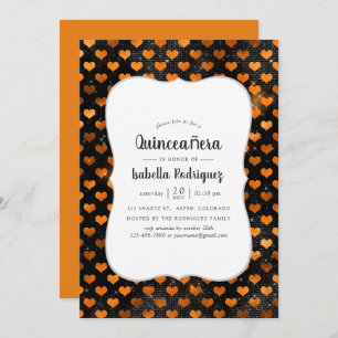 Black and Orange Heart Pattern Quinceañera Invitation