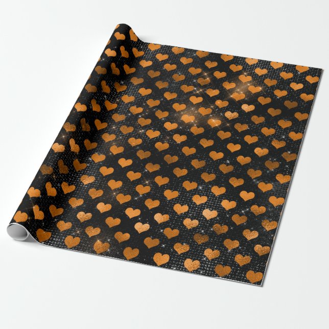Black and Orange Heart Pattern Wrapping Paper (Unrolled)
