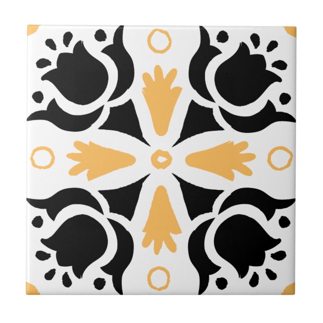 Black and Orange Intricate Floral pattern Ceramic Tile (Front)