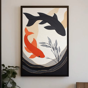 Black and Orange Koi Fish Aesthetic Painting Poster