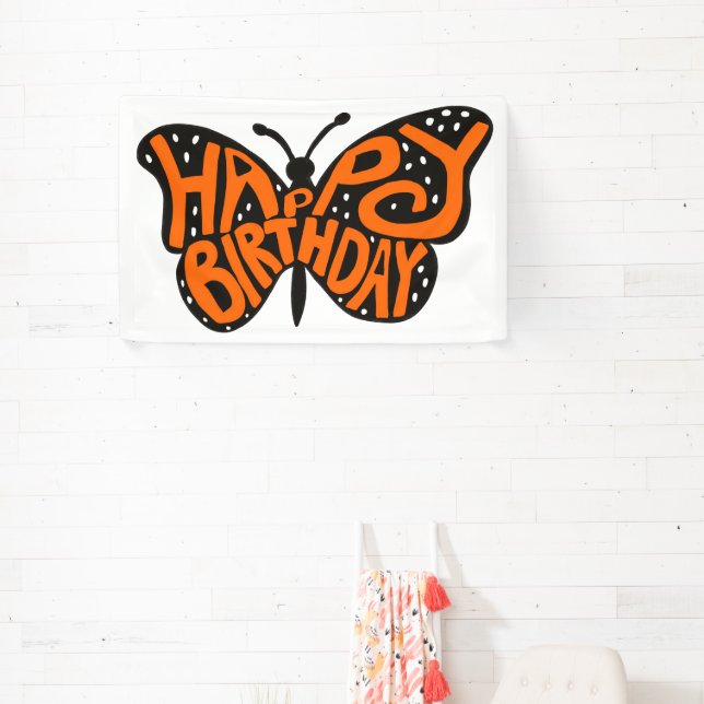 Black and Orange Monarch Butterfly Happy Birthday Banner (Insitu)