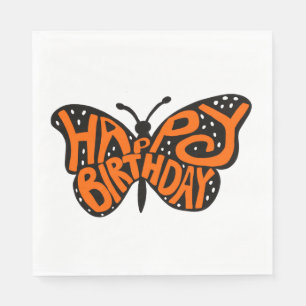 Black and Orange Monarch Butterfly Happy Birthday Napkin