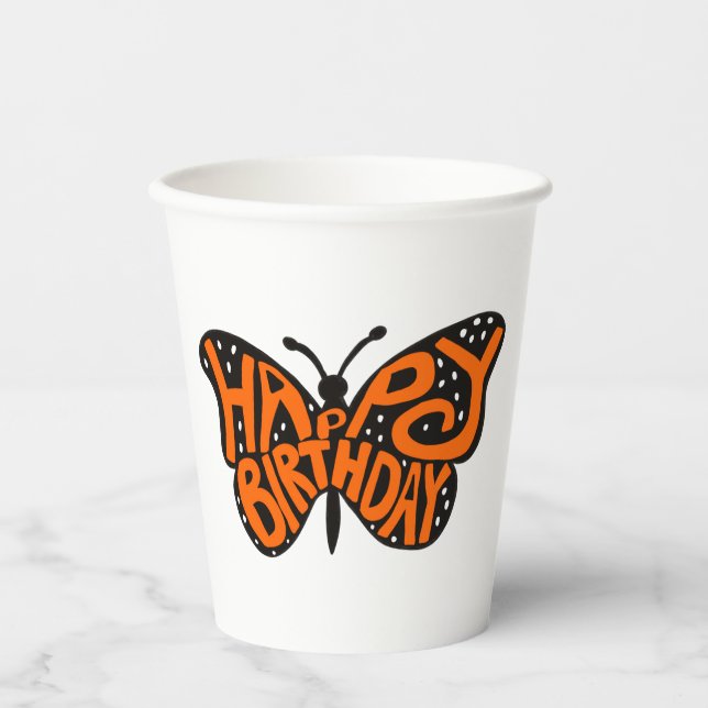 Black and Orange Monarch Butterfly Happy Birthday Paper Cups (Front)