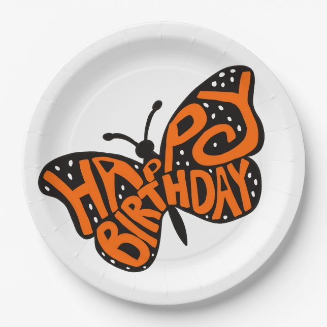 Black and Orange Monarch Butterfly Happy Birthday Paper Plate (Front)