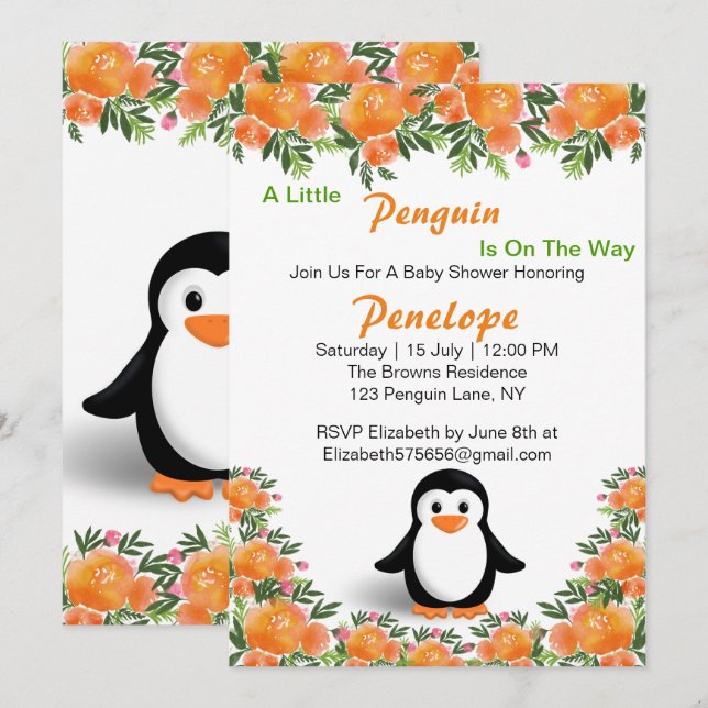 Black and Orange Penguin | Orange & Green Flowers Invitation (Front/Back)