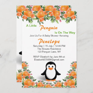 Black and Orange Penguin Orange & Green Flowers Invitation