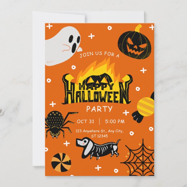Black and Orange Playful Illustrative Halloween Invitation (Front)