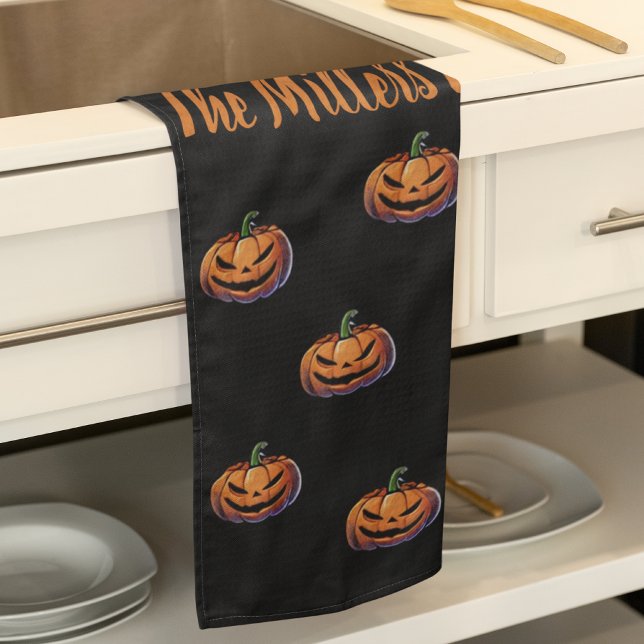 Black and Orange Pumpkin Halloween personalised Tea Towel (Black and Orange Pumpkin Halloween personalized Kitchen Towel)