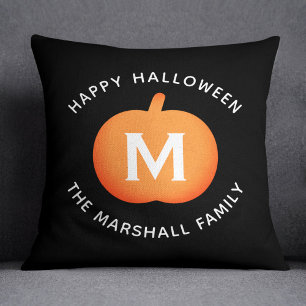 Black and Orange Pumpkin Monogram Halloween Cushion