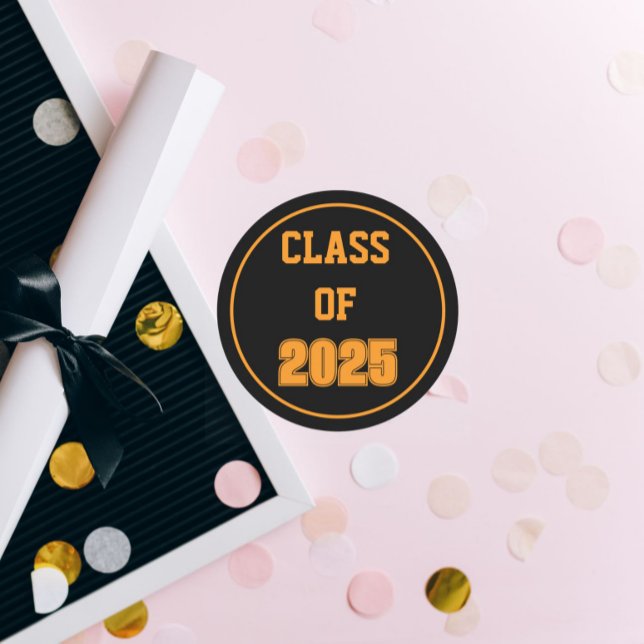 Black and Orange School Colours Class Year Classic Round Sticker (In Situ Graduation)