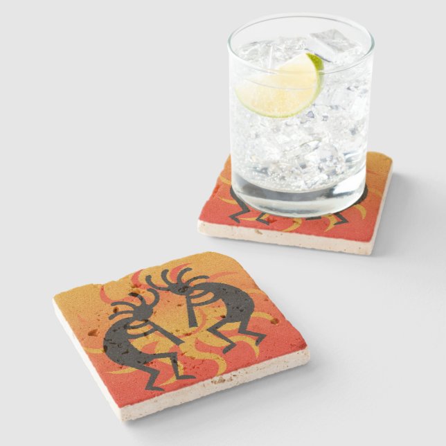 Black And Orange Southwest Kokopelli Tribal Sun Stone Coaster (Side)