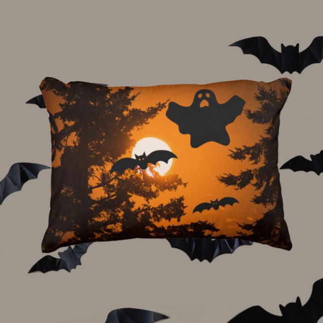 Black and Orange Spooky Halloween Night Scene Decorative Cushion (In Situ)