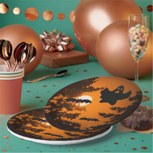 Black and Orange Spooky Halloween Night Scene Paper Plate