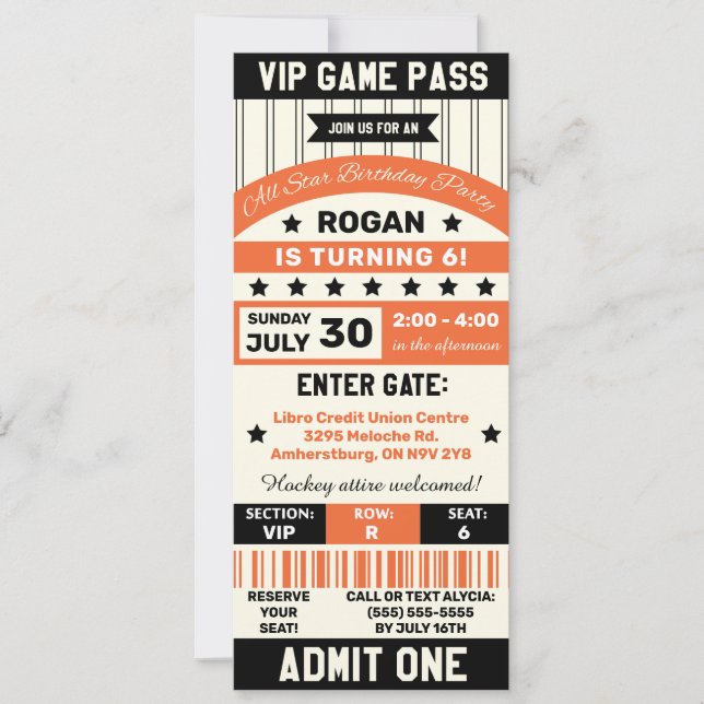 Black and Orange Sports Team Ticket Birthday Party Invitation (Front)
