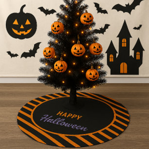 Black and Orange Striped Happy Halloween Brushed Polyester Tree Skirt
