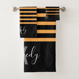 Black and Orange Stripes Pattern Monogrammed Name  Bath Towel Set