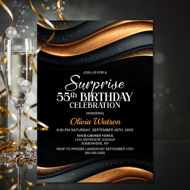 Black and Orange Surprise 55th Birthday Party Invitation (Creator Uploaded)