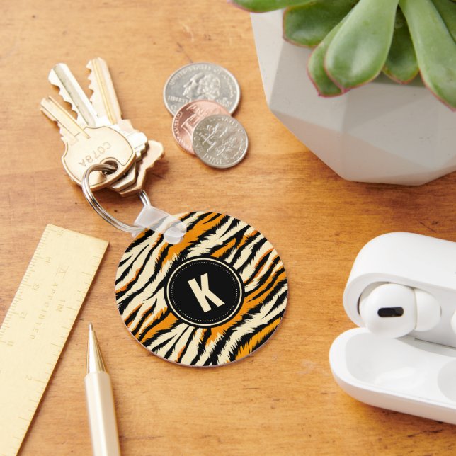 Black and Orange Tiger Pattern Monogram Key Ring (Desk)