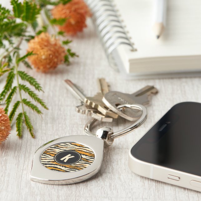 Black and Orange Tiger Pattern Monogram Key Ring (Side)