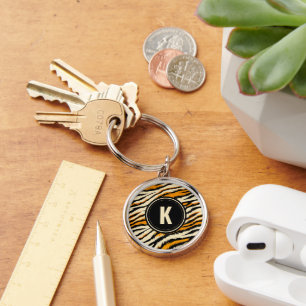 Black and Orange Tiger Pattern Monogram Key Ring