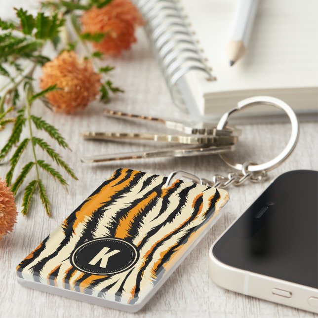 Black and Orange Tiger Pattern Monogram Key Ring (Front Right)