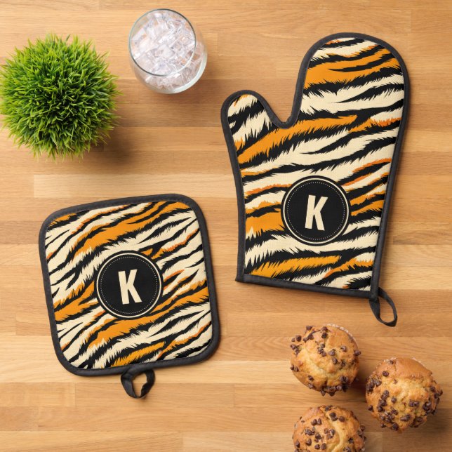 Black and Orange Tiger Stripes Monogram Oven Mitt & Pot Holder Set (Top Down)